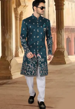 Embroidered Art Silk Sherwani in Teal Blue