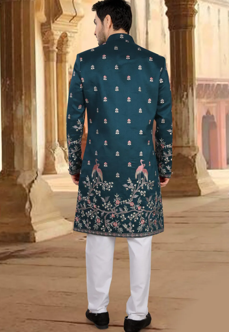 Embroidered Art Silk Sherwani in Teal Blue