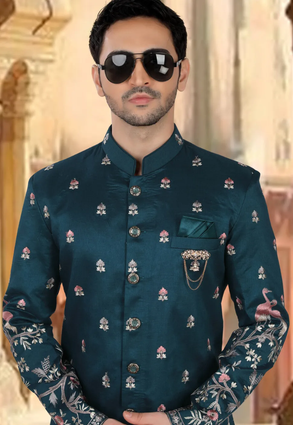 Embroidered Art Silk Sherwani in Teal Blue
