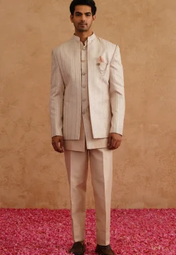 Embroidered Art Silk Sherwani in Light Beige