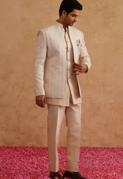 Embroidered Art Silk Sherwani in Light Beige