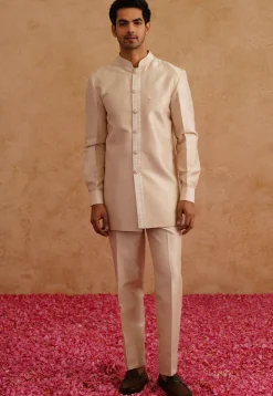 Embroidered Art Silk Sherwani in Light Beige