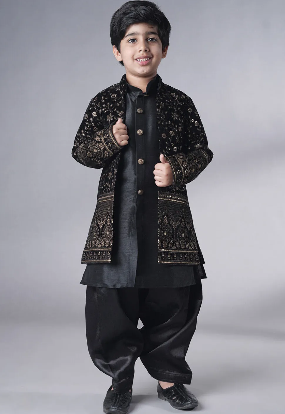 Embroidered Art Silk Sherwani Set in Black