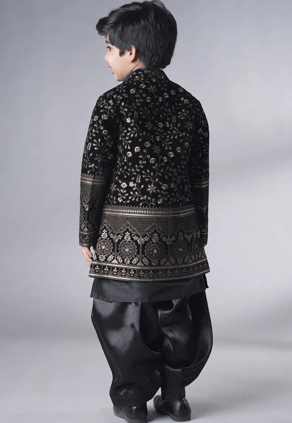 Embroidered Art Silk Sherwani Set in Black