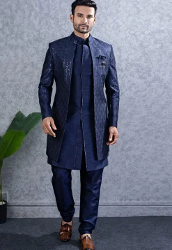 Embroidered Art Silk Sherwani in Navy Blue