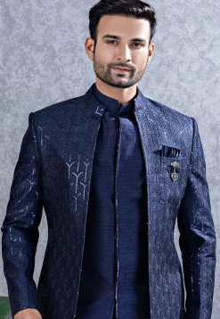 Embroidered Art Silk Sherwani in Navy Blue