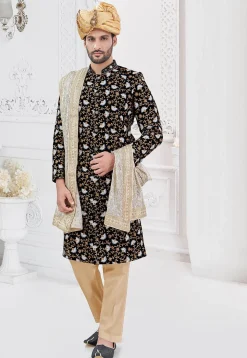 Embroidered Art Silk Sherwani in Black