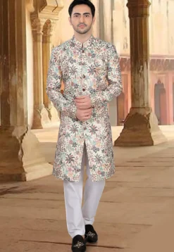 Embroidered Art Silk Sherwani in Cream