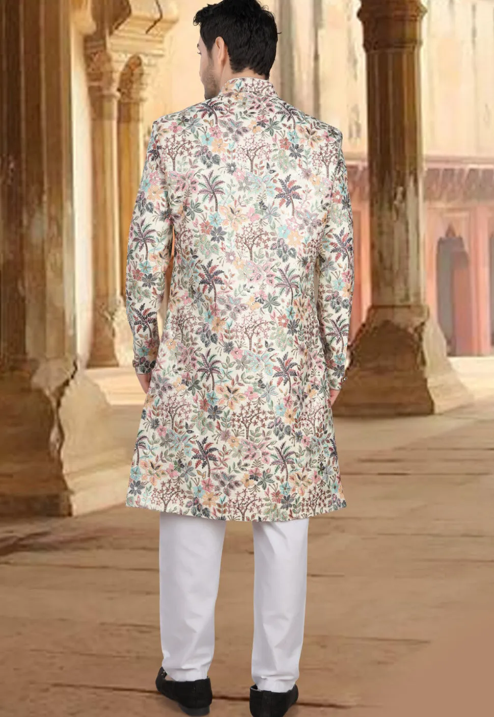 Embroidered Art Silk Sherwani in Cream