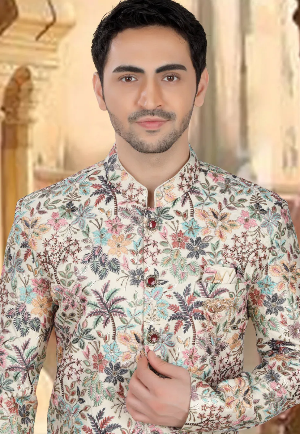 Embroidered Art Silk Sherwani in Cream