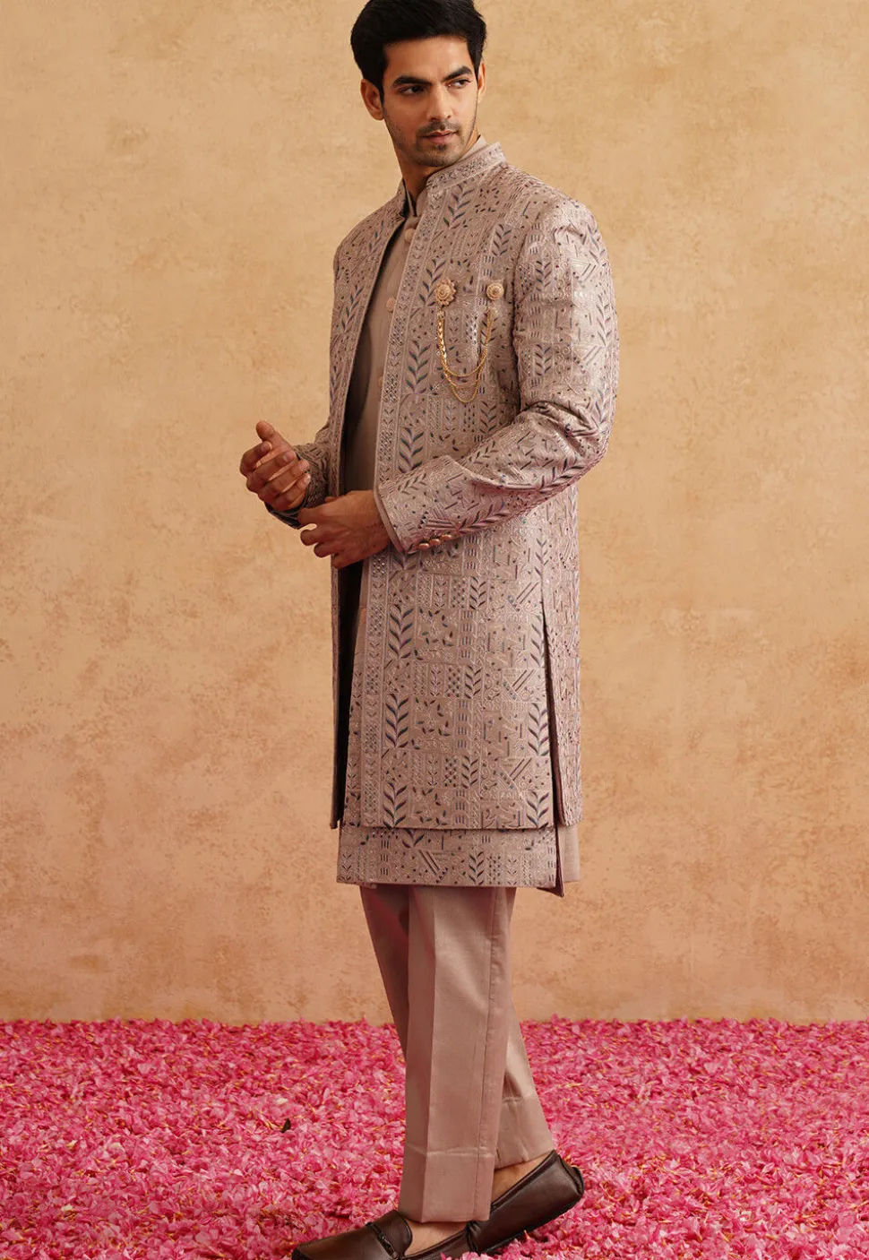 Embroidered Art Silk Sherwani in Beige