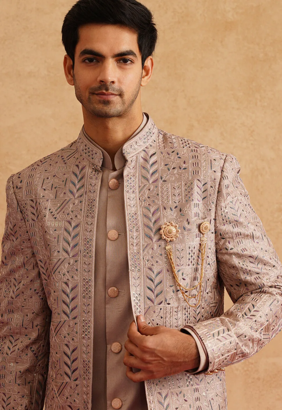 Embroidered Art Silk Sherwani in Beige