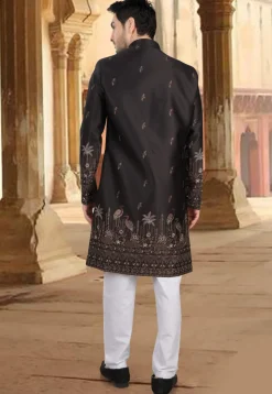 Embroidered Art Silk Sherwani in Black
