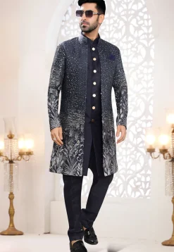 Embroidered Art Silk Sherwani in Navy Blue