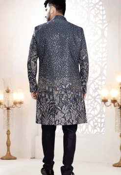 Embroidered Art Silk Sherwani in Navy Blue