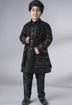 Embroidered Art Silk Sherwani Set in Black
