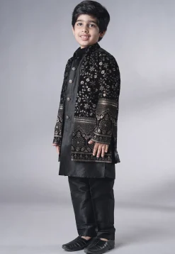 Embroidered Art Silk Sherwani Set in Black