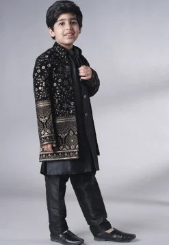 Embroidered Art Silk Sherwani Set in Black