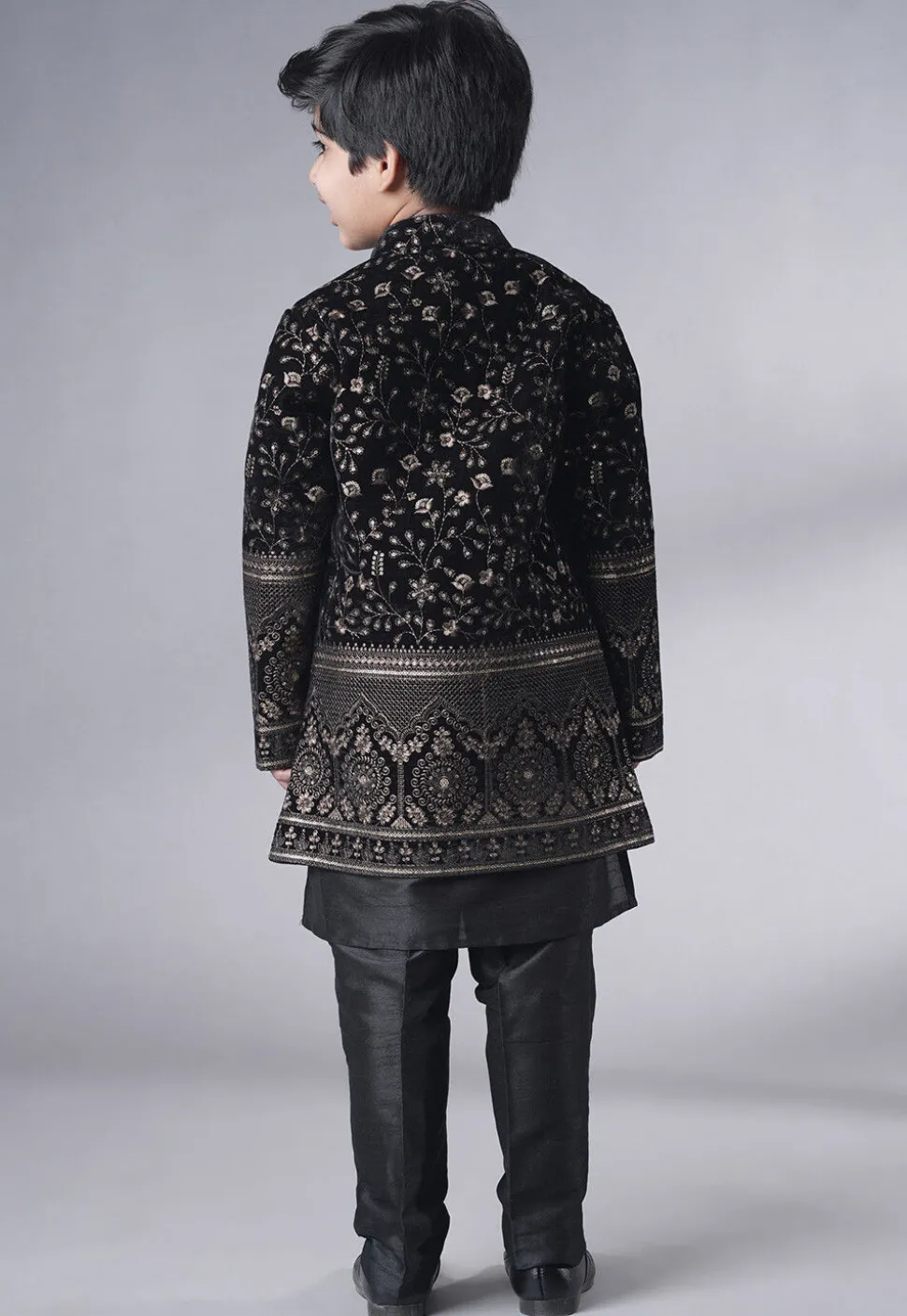 Embroidered Art Silk Sherwani Set in Black