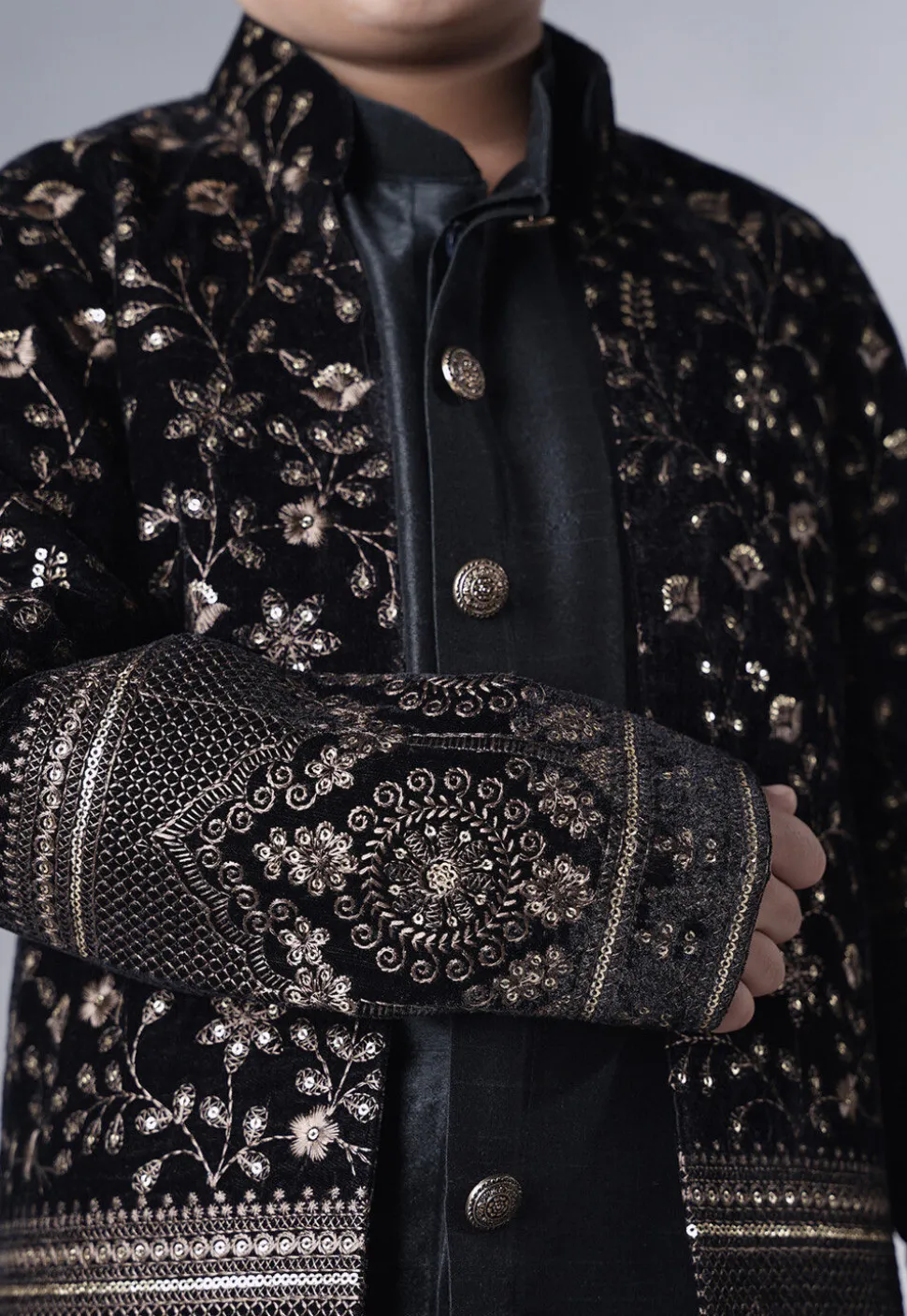 Embroidered Art Silk Sherwani Set in Black