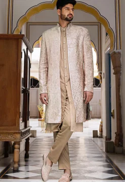 Embroidered Art Silk Sherwani in Beige