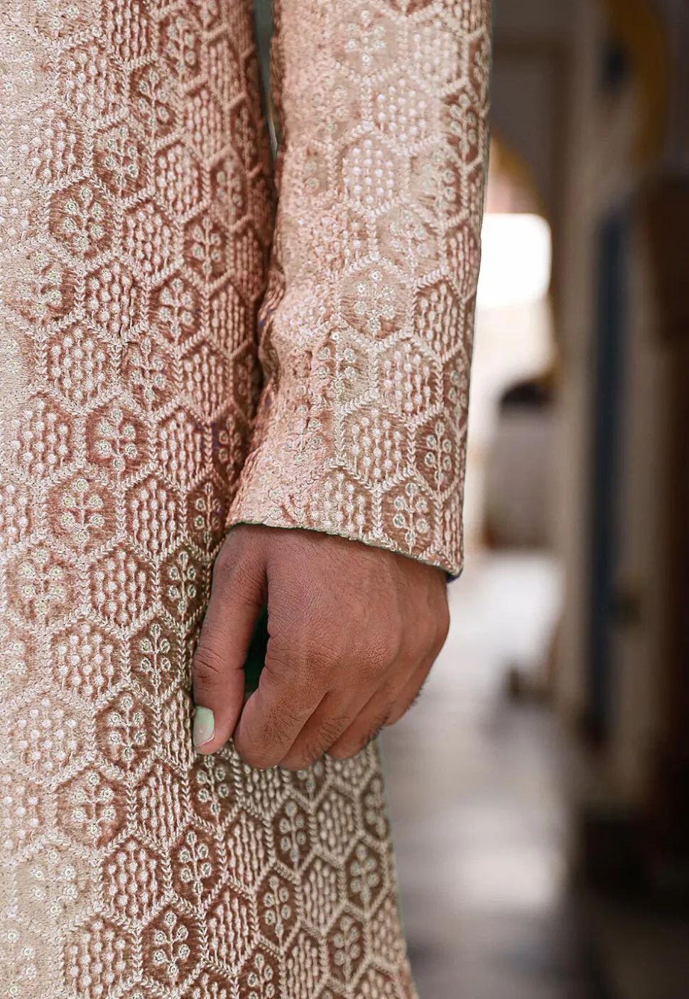 Embroidered Art Silk Sherwani in Beige