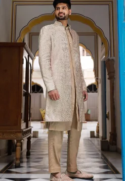 Embroidered Art Silk Sherwani in Beige