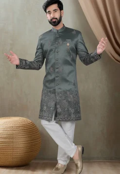 Embroidered Art Silk Sherwani in Dusty Green