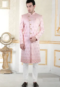 Embroidered Art Silk Sherwani in Pink