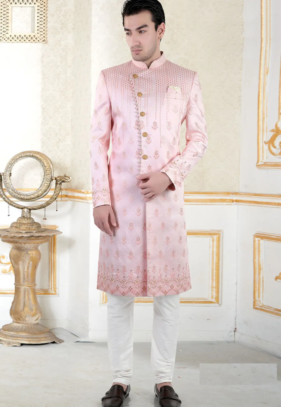 Embroidered Art Silk Sherwani in Pink