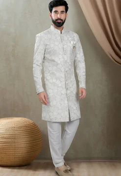 Embroidered Art Silk Sherwani in Off White