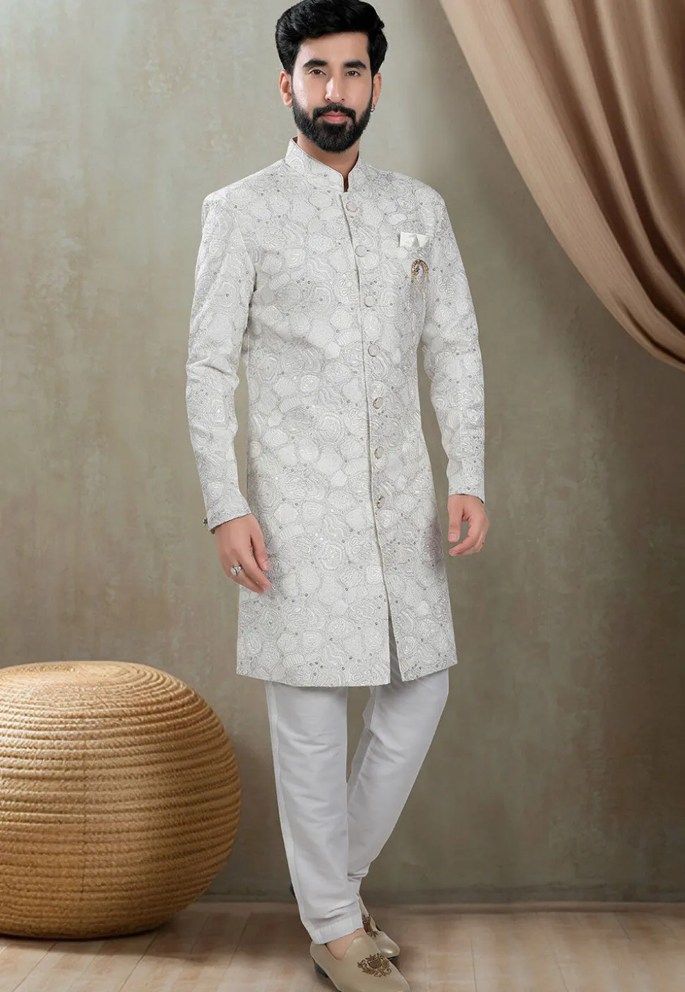 Embroidered Art Silk Sherwani in Off White