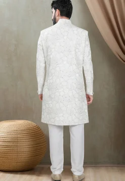 Embroidered Art Silk Sherwani in Off White