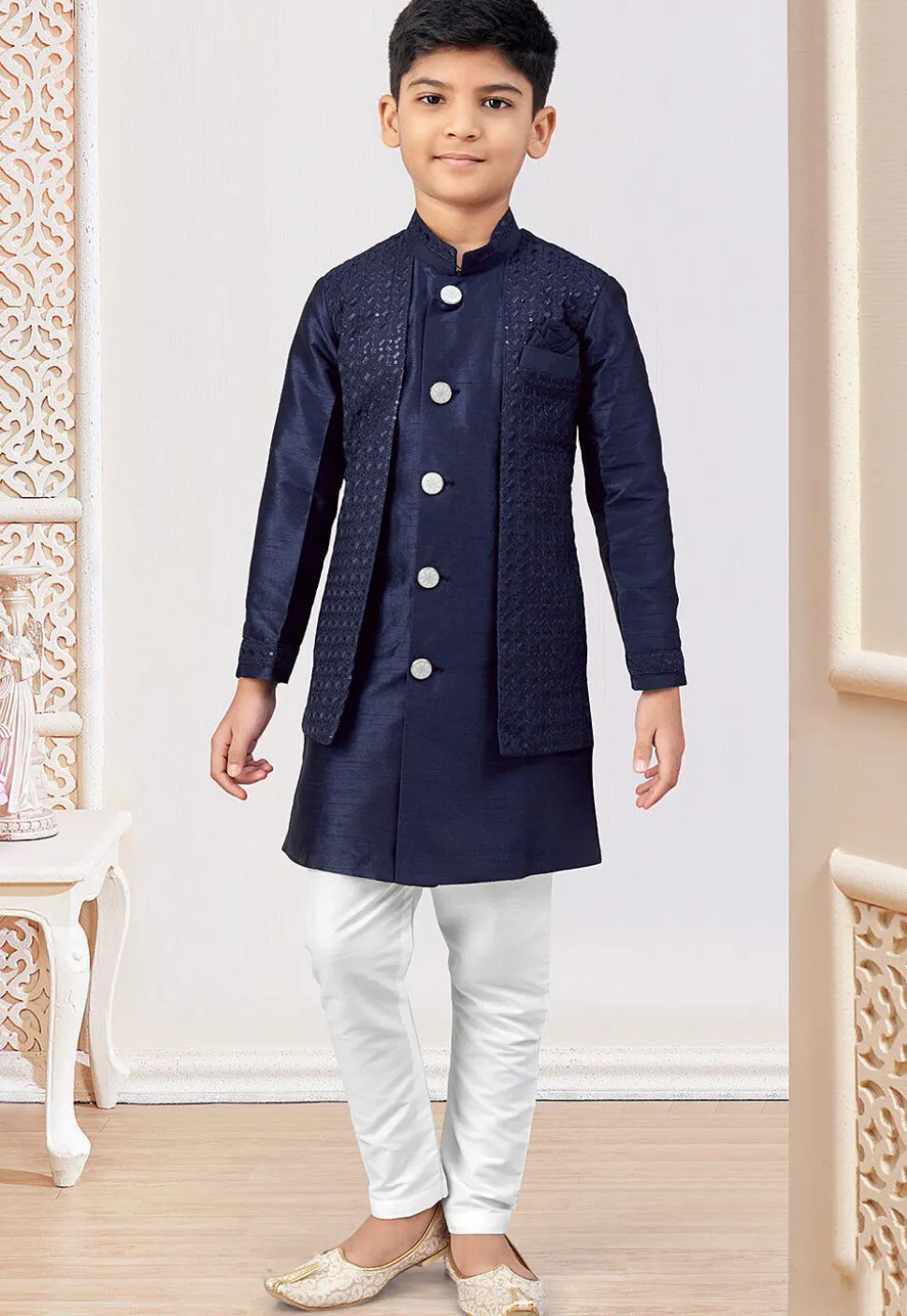 Embroidered Art Silk Sherwani in Navy Blue