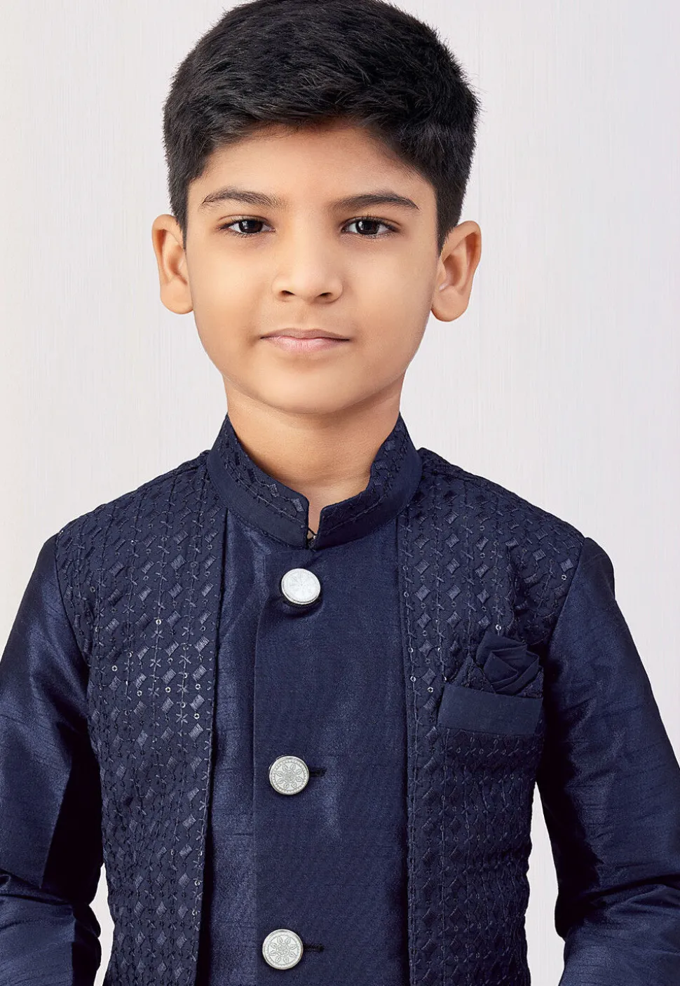 Embroidered Art Silk Sherwani in Navy Blue