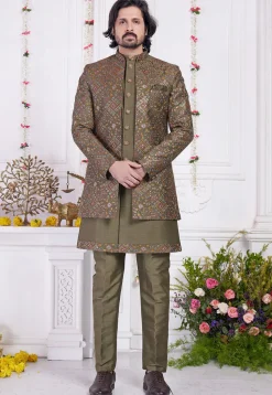 Embroidered Art Silk Sherwani in Dark Olive Green