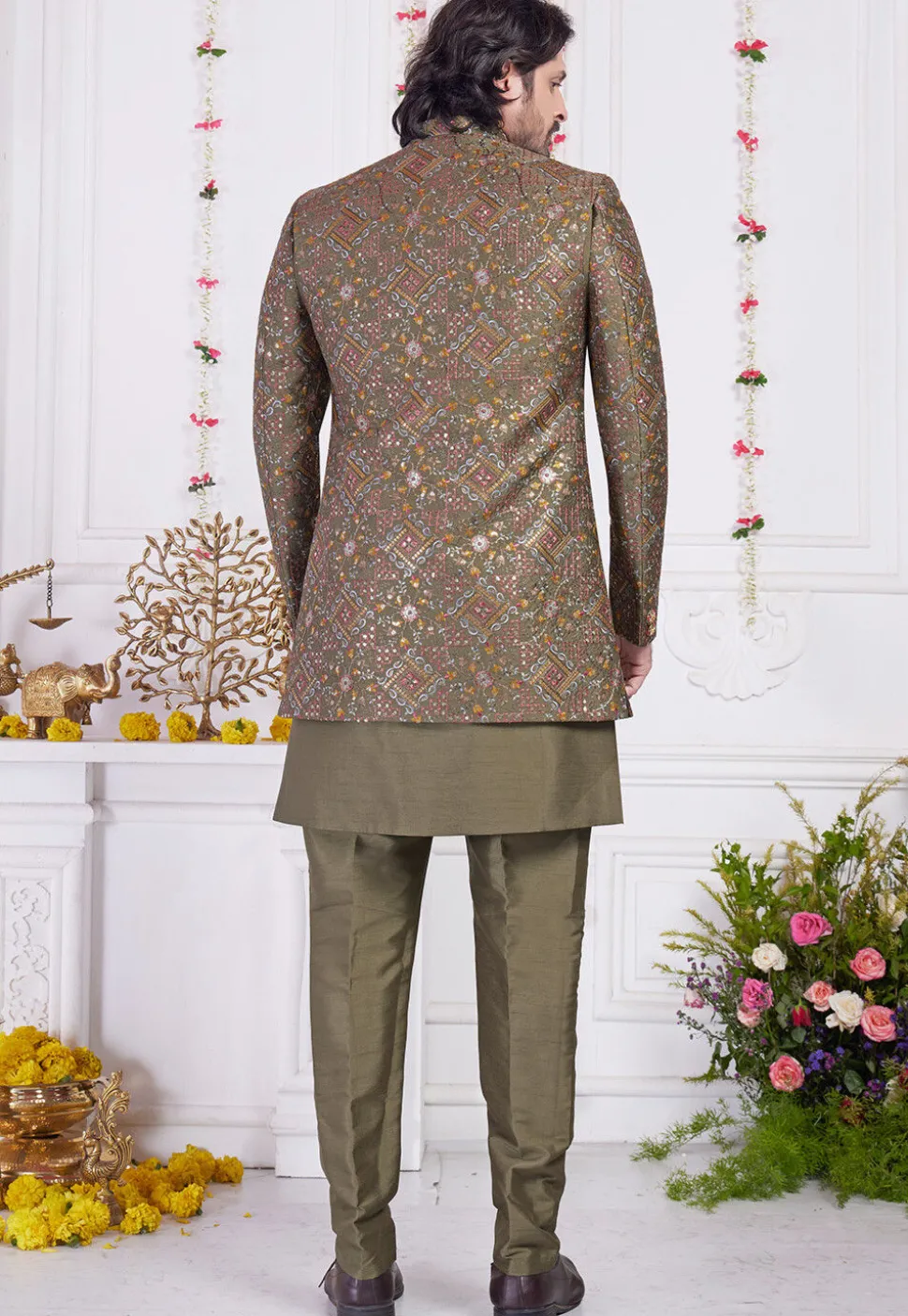 Embroidered Art Silk Sherwani in Dark Olive Green