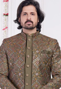 Embroidered Art Silk Sherwani in Dark Olive Green