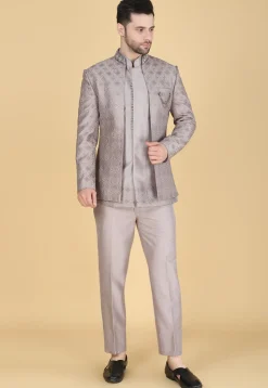 Embroidered Art Silk Sherwani in Fawn