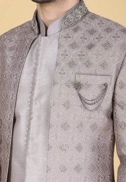 Embroidered Art Silk Sherwani in Fawn