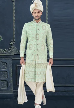 Embroidered Art Silk Sherwani in Light Green