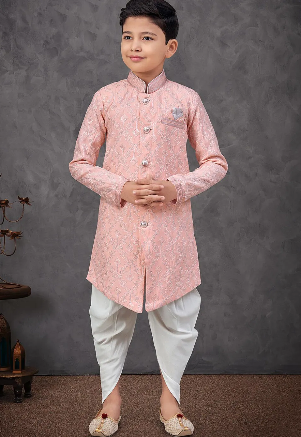 Embroidered Art Silk Sherwani in Peach