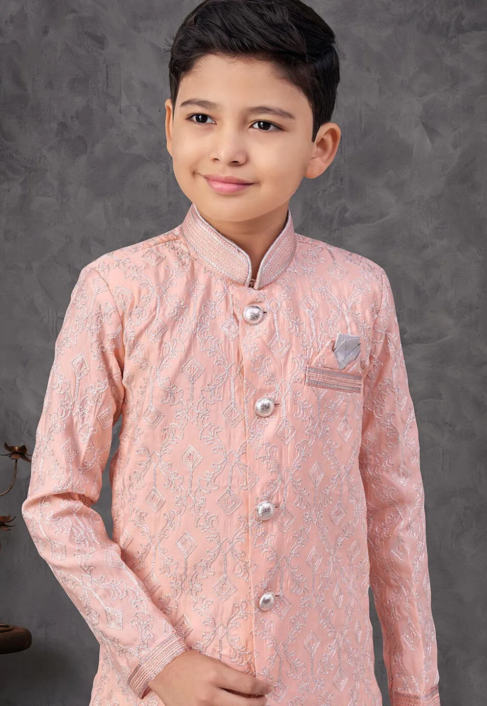 Embroidered Art Silk Sherwani in Peach
