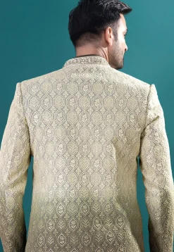 Embroidered Art Silk Sherwani in Olive Green