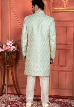 Embroidered Art Silk Sherwani in Sea Green