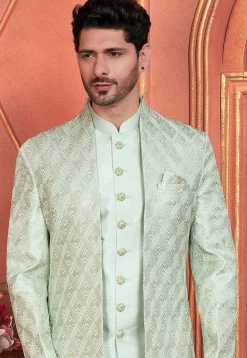 Embroidered Art Silk Sherwani in Sea Green