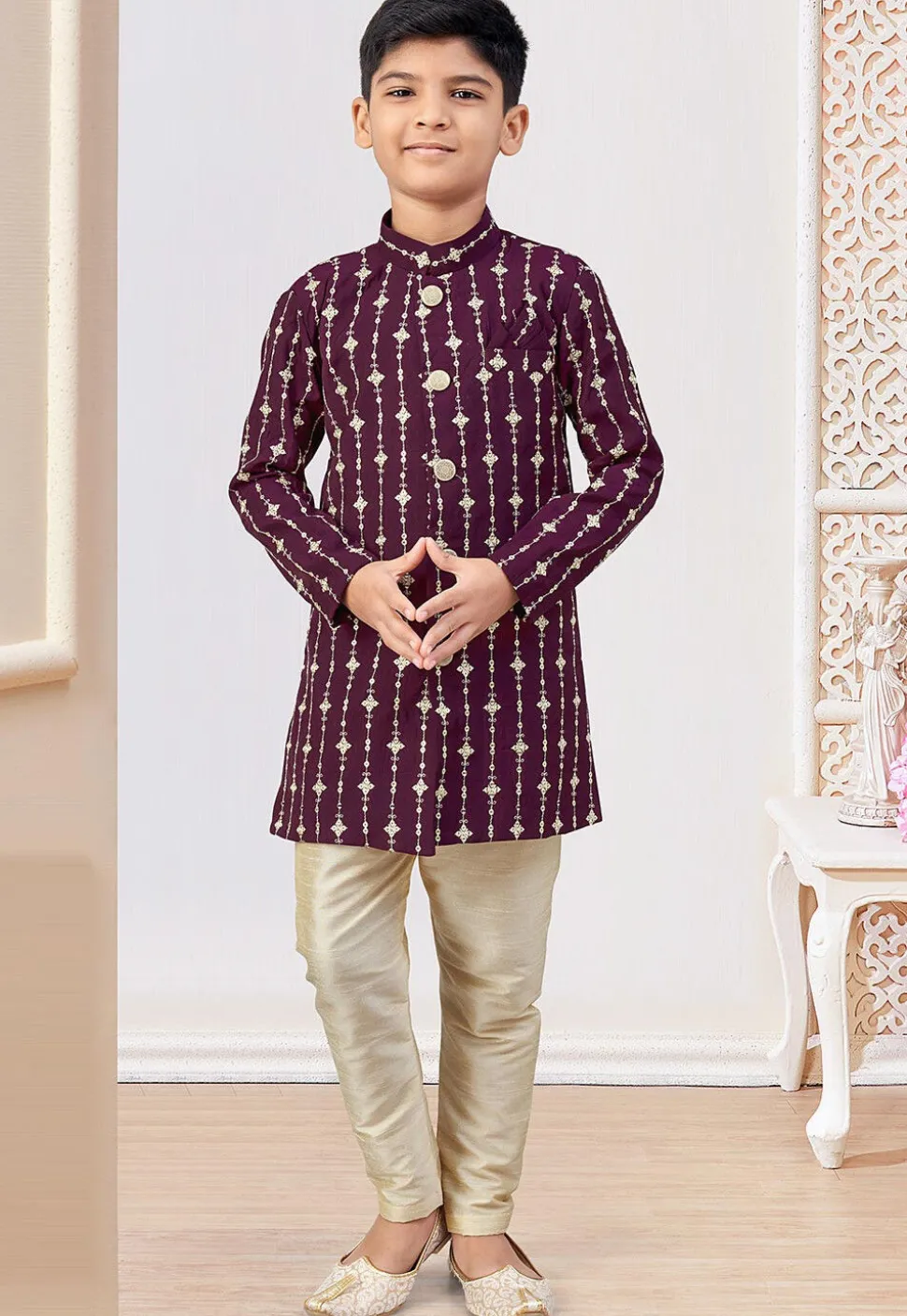 Embroidered Art Silk Sherwani in Purple
