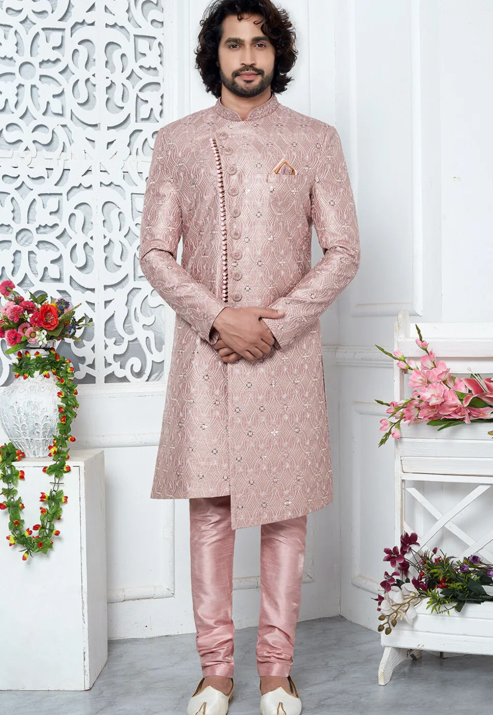Embroidered Art Silk Sherwani in Old Rose