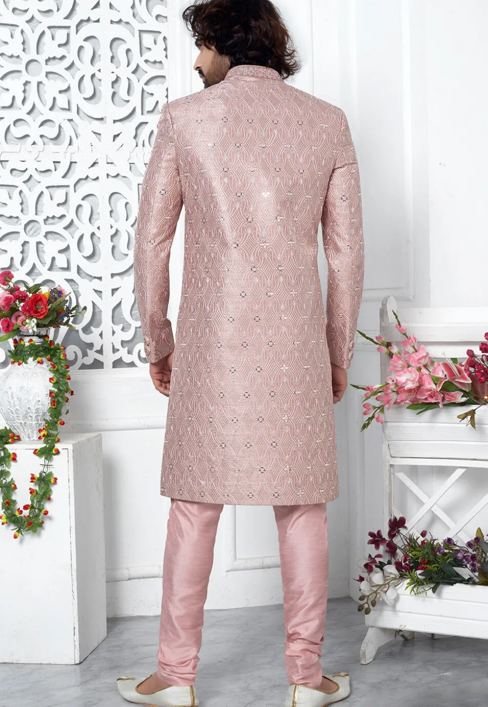 Embroidered Art Silk Sherwani in Old Rose