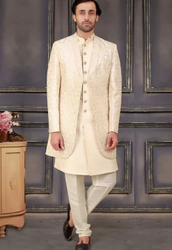 Embroidered Art Silk Sherwani in Cream